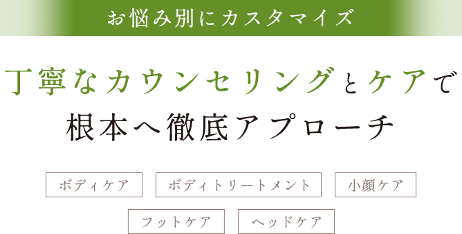 お悩み別にカスタマイズ　丁寧なカウンセリングとケアで根本かへ徹底アプローチ